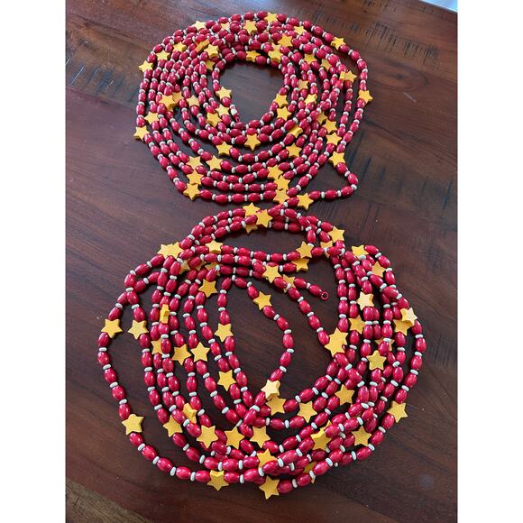 2 Vintage Wood Beads stars Christmas Garlands 20 ft ea. Red Yellow wooden decor - Picture 9 of 13
